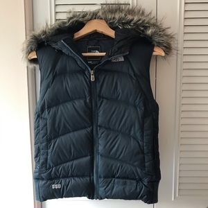 Blue puffer North face vest with fur lined hood